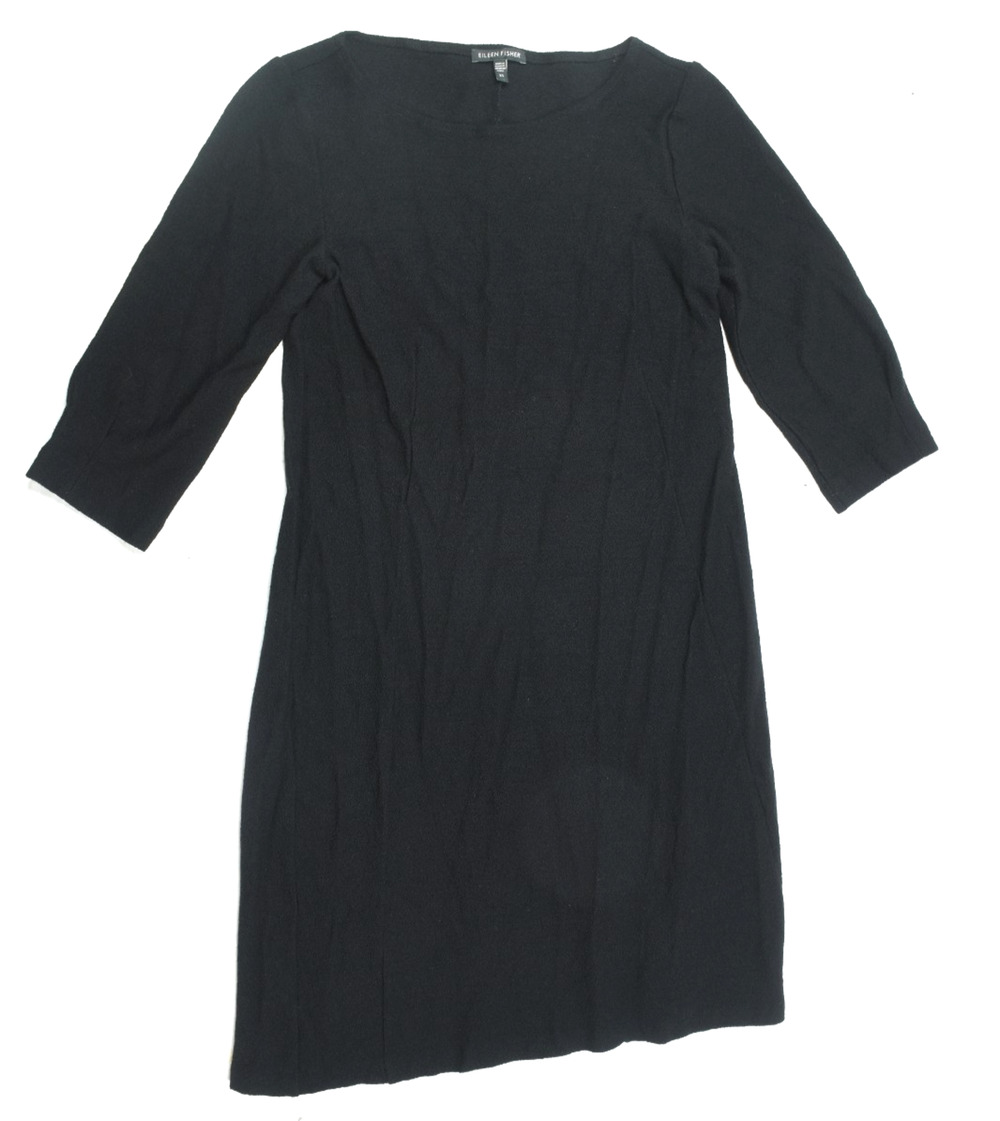 EIleen Fisher Boiled Wool Midi Dress Womens XS Black Short Sleeve Woven